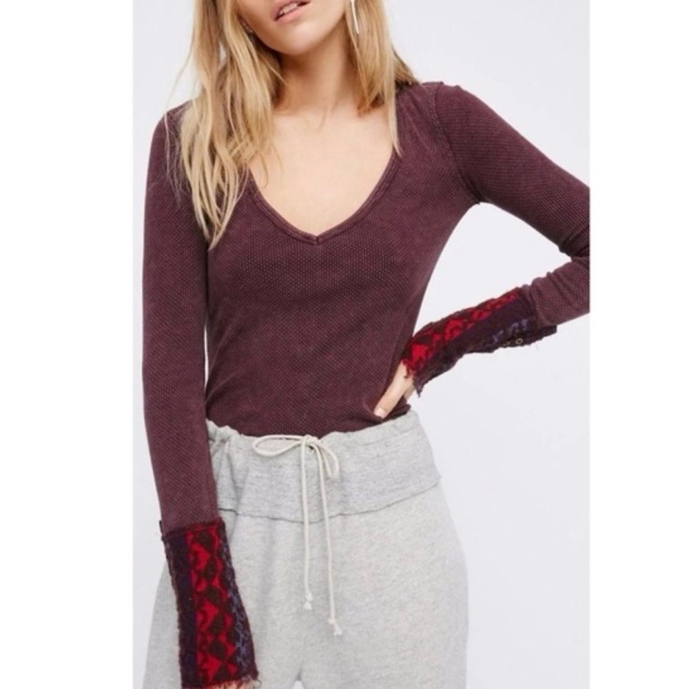 Free People Burgundy V-Neck Ribbed Long Sleeve Top with Red Lace Cuffs